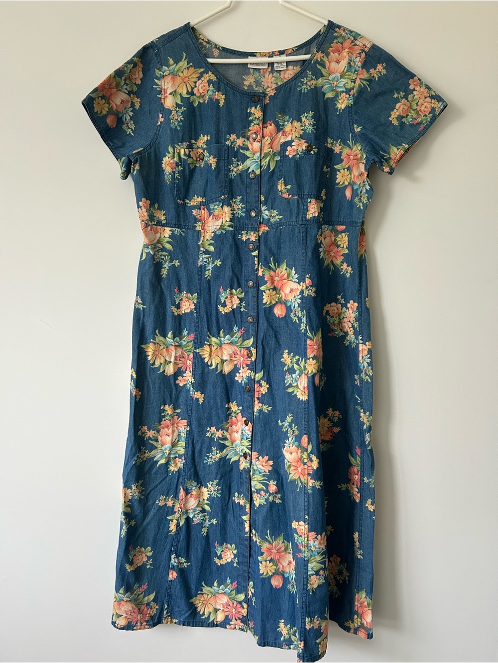 Vintage Liz Claiborne Floral Maxi Button Up Garden Denim Short Sleeve Dress